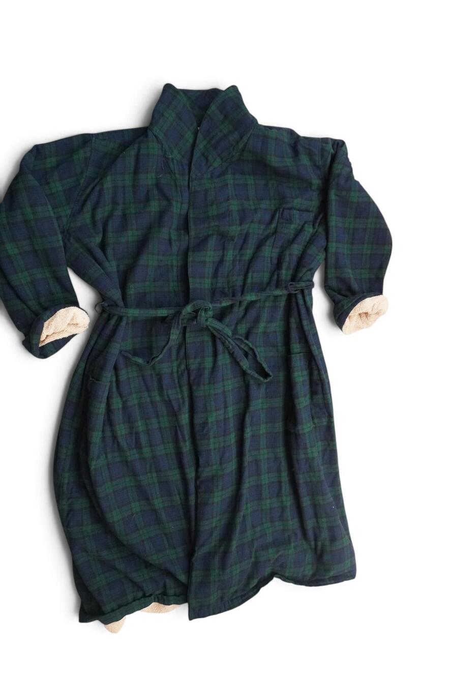 LL Bean Flannel Robe Men's XXXL Tall Black Watch Plaid Sherpa Lined Belted